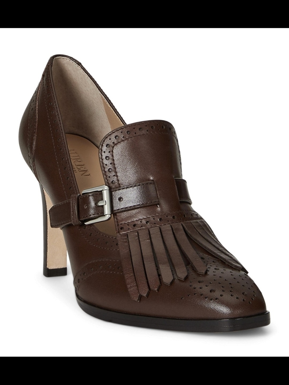 Lauren Ralph Lauren Brown Leather Fringe Buckle High Heel